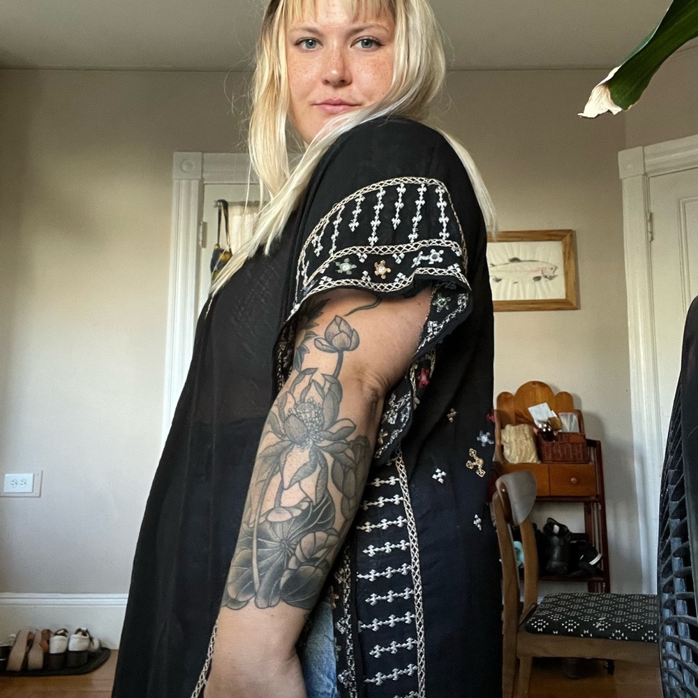 Semi sheer black embroidered kimono